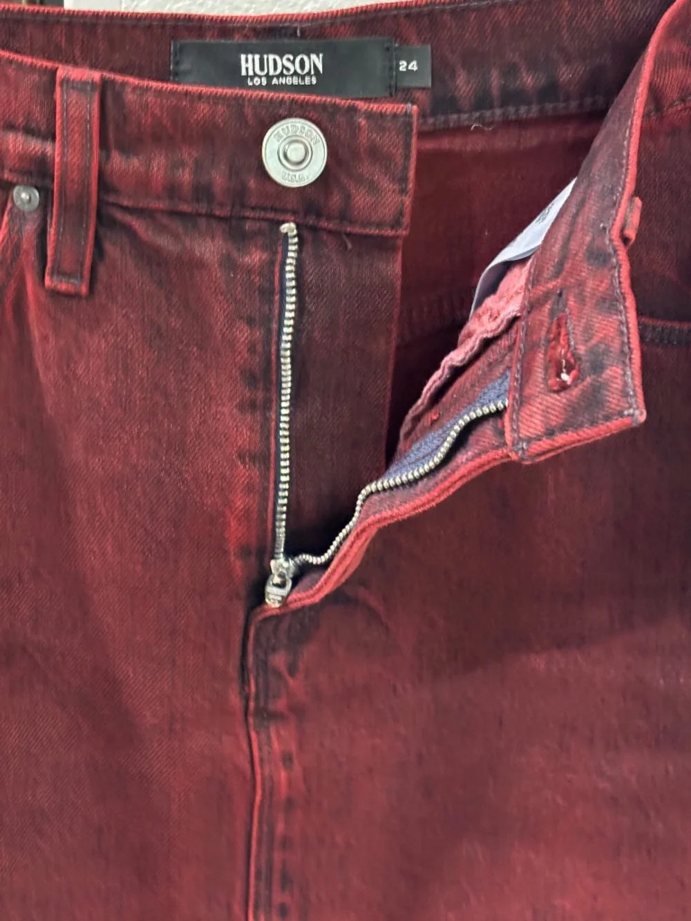 Hudson Viper Mini Denim Skirt - Burgundy Red Size 24 - Picture 7 of 11